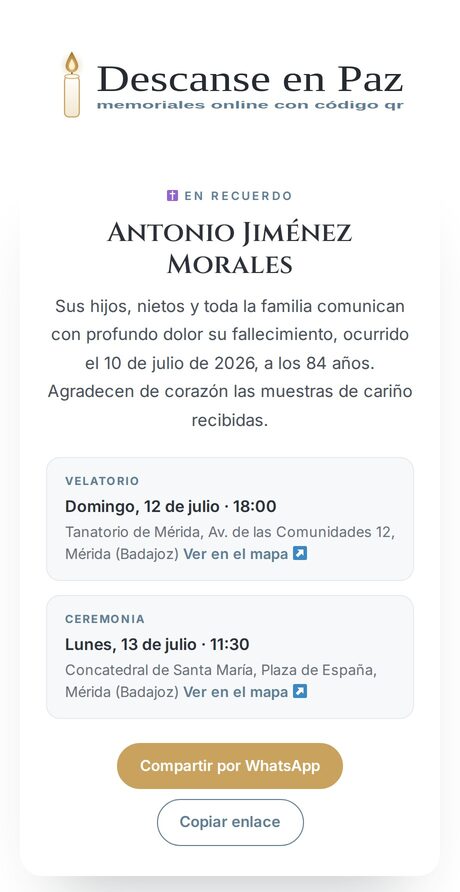 Ejemplo de una esquela digital en un móvil