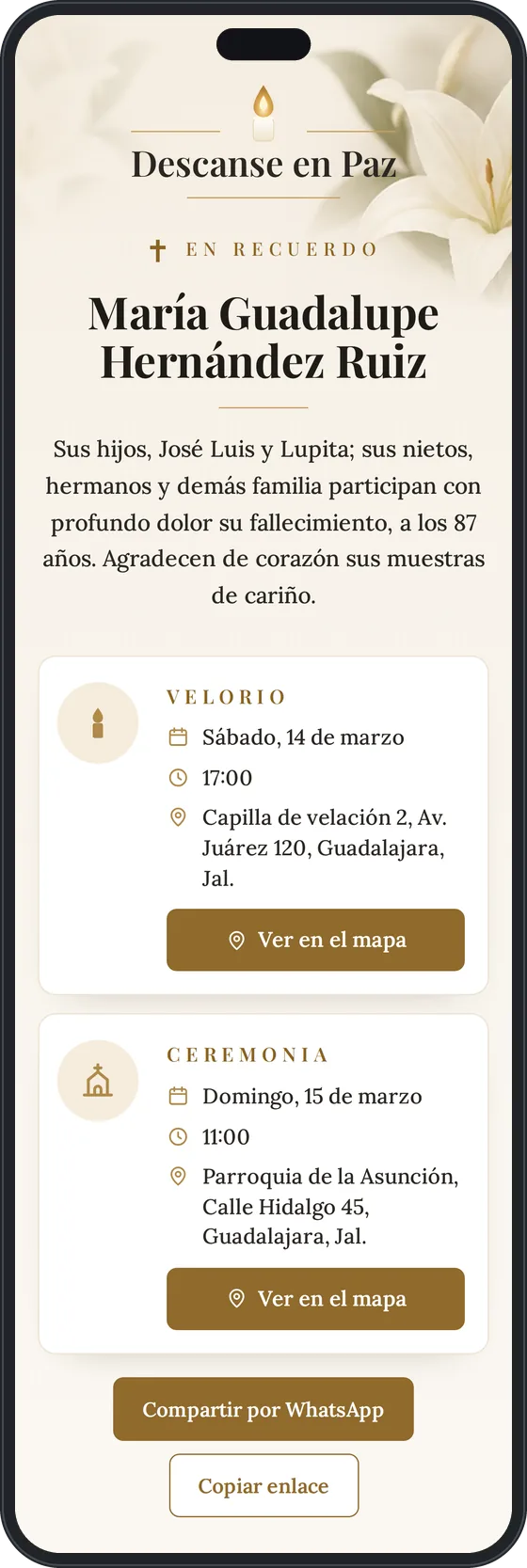 Ejemplo de esquela digital vista en un celular: nombre, palabras de la familia, velorio, ceremonia, botones de mapa y de compartir por WhatsApp
