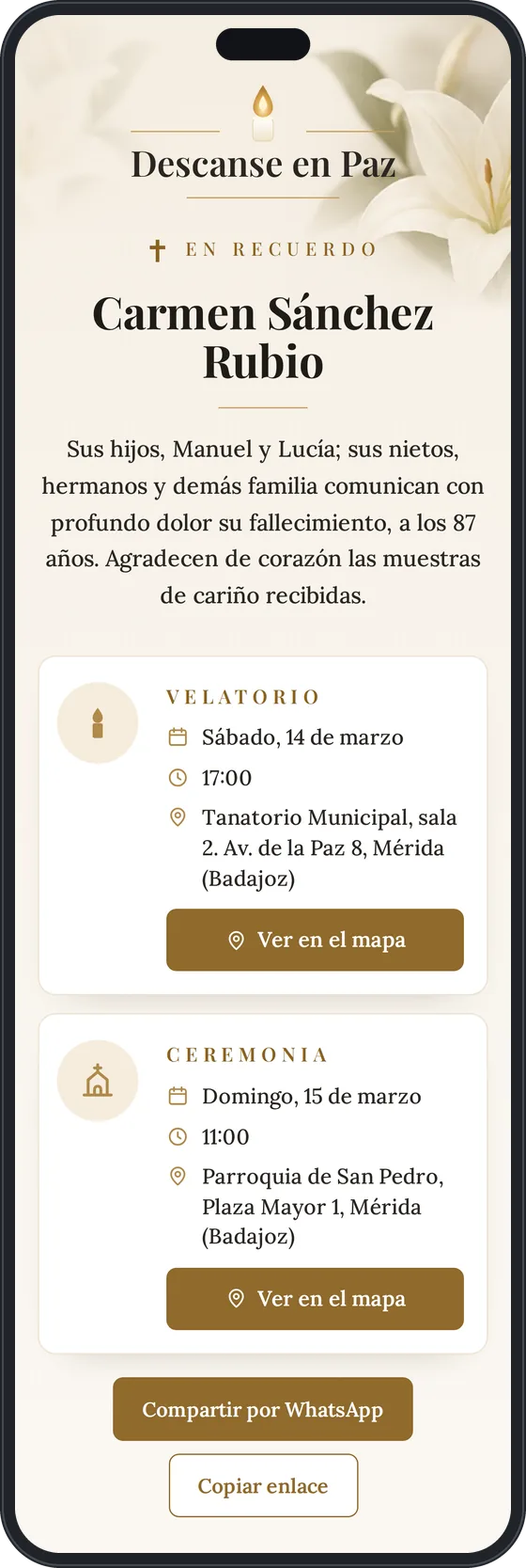 Ejemplo de esquela digital vista en un móvil: nombre, palabras de la familia, velatorio, ceremonia, botones de mapa y de compartir por WhatsApp