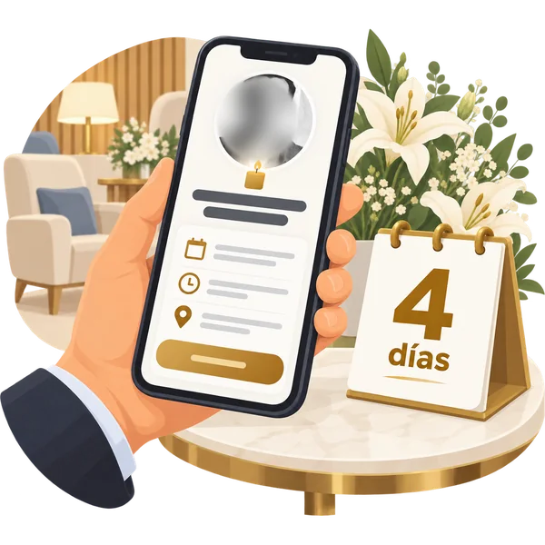 Una mano sostiene el celular con la esquela abierta, junto a un calendario que marca 4 días, en la sala de velación