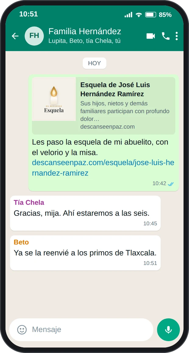 Grupo de WhatsApp «Familia Hernández»: la nieta comparte la esquela de José Luis Hernández Ramírez y los demás contestan
