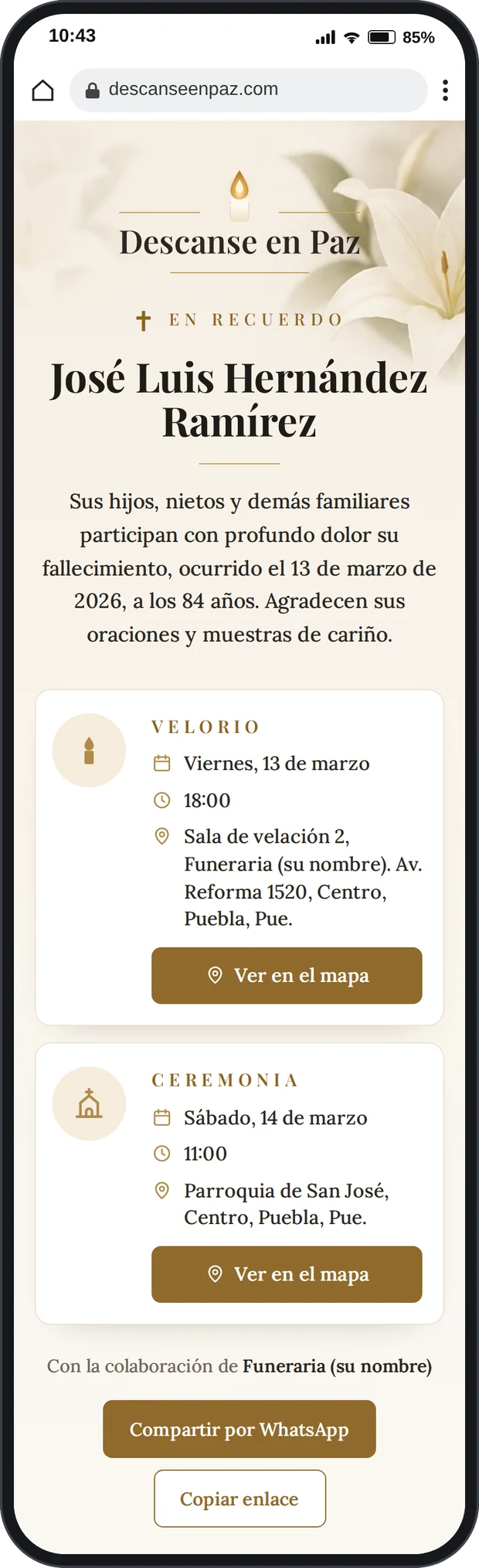 Esquela de José Luis Hernández Ramírez en el celular: aviso de la familia, velorio, ceremonia, mención de la funeraria y botón de WhatsApp