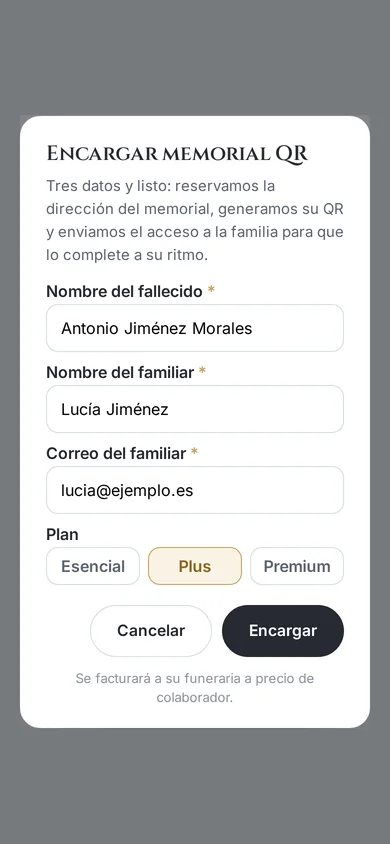 Ventana para encargar un memorial con QR, en el celular