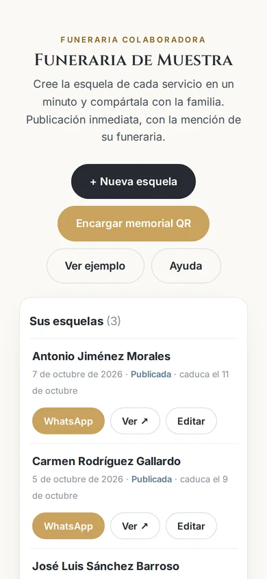 Panel de la funeraria con la lista de sus esquelas, en el celular
