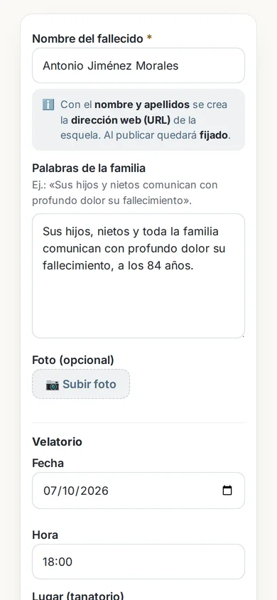 Formulario de esquela nueva del panel, lleno, en el celular