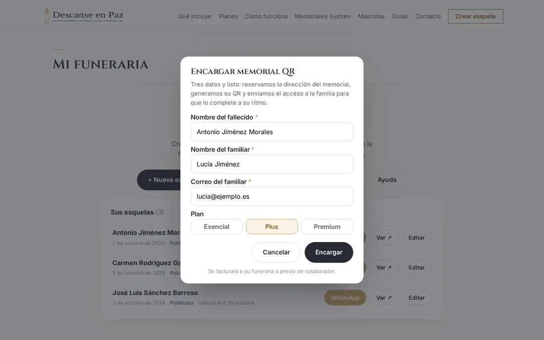 Ventana para encargar un memorial con QR, en la computadora